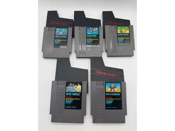 5 st Nintendo NES-spel: Mario Bros, Devil World, Wild Gunman, Gum Shoe, Volley